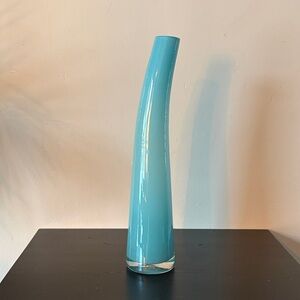 VINTAGE - MCM Bent Neck Art Glass Vase 13” Aquamarine blue